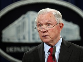 FILE - In this Dec. 15, 2017, file photo, United States Attorney General Jeff Sessions speaks during a news conference at the Justice Department in Washington. A mistrial in the federal prosecution of ranch family at the center of an armed standoff against government agents in Nevada in 2014 has Sessions launching a probe of the case in Washington, D.C.