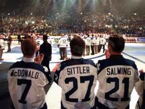 Lanny McDonald, Darryl Sittler and Borje Salming are shown during the last game at Maple Leaf Gardens in Toronto on Feb. 14, 1999.