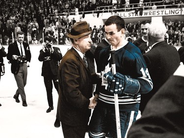 Punch Imlach (left) and Dave Keon celebrate the Leafs' 1967 Stanley Cup win over Montreal.