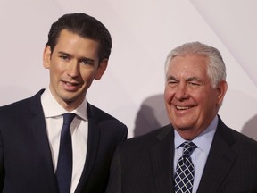 Austrian Foreign Minister Sebastian Kurz, right, and U.S. Secretary of State Rex Tillerson stand together at the OSCE ForeignMinisters in Vienna, Austria, Thursday, Dec. 7, 2017.
