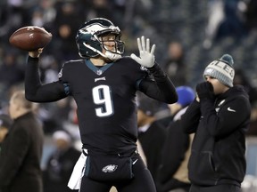 Philadelphia Eagles' Nick Foles warms up before before an NFL football game against the Oakland Raiders, Monday, Dec. 25, 2017, in Philadelphia.