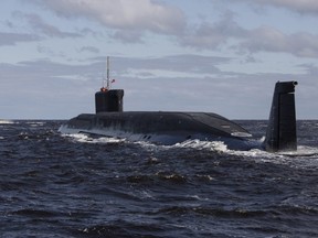 In this file photo taken on Thursday, July 2, 2009,  the Russian nuclear submarine, Yuri Dolgoruky, is seen during sea trials near Arkhangelsk, Russia.