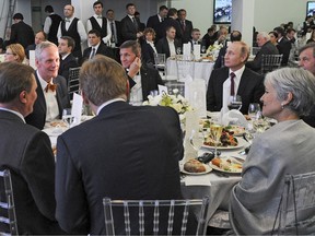Russian President Vladimir Putin, center right, with retired U.S. Lt. Gen. Michael T. Flynn, center left, and former Green Party presidential candidate Jill Stein, front right, attend a 2015 dinner in Moscow.