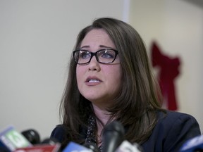 Lobbyist Pamela Lopez makes a public allegation of lewd behavior by Assemblyman Matt Dababneh, D-Encino, during a news conference Monday, Dec. 4, 2017, in Sacramento, Calif. Lopez alleges that Debabneh followed her into bar bathroom and performed a lewd act in front of her in 2016. Debabneh denies the accusation.