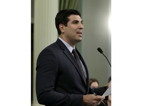 FILE - In this May 15, 2017 file photo, assemblyman Matt Dababneh, D-Encino speaks at the Capitol in Sacramento, Calif. Lobbyist Pamela Lopez alleges that Debabneh followed her into bar bathroom and performed a lewd act in front of her in 2016. Debabneh denies the accusation.