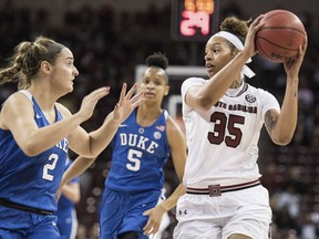 South Carolina forward Alexis Jennings (35) drives to the hoop against Duke guard Haley Gorecki (2) during the first half of an NCAA college basketball game Sunday, Dec. 3, 2017, in Columbia, S.C.