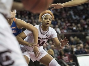 South Carolina forward Lele Grissett (24) looks for a pass during the first half of an NCAA college basketball game against Savannah State, Sunday, Dec. 17, 2017, in Columbia, S.C.