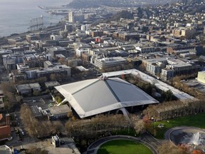 The iconic sloped roof of KeyArena is seen from above in a photo taken Monday, Dec. 4, 2017.