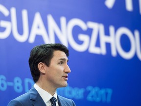 Prime Minister Justin Trudeau delivers a speech at the Fortune Global Forum in Guangzhou, China, on Wednesday, Dec. 6, 2017.