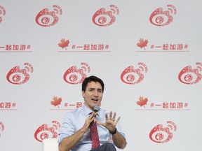 Canadian Prime Minister Justin Trudeau takes part in an event at Sina Weibo Headquarters in Beijing.