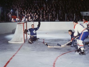 Johnny Bower makes a save in the 1967 Stanley Cup final.