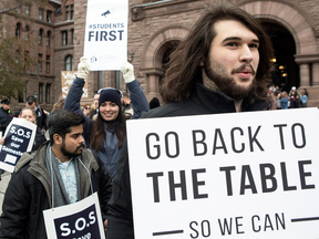 Students protest outside the Ontario Legislature in Toronto against a strike by Ontario college faculty members, Nov. 1, 2017.