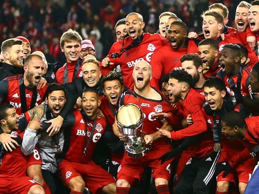The moment of anticipation just before Michael Bradley lifts the MLS Cup over his head.