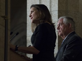 Foreign Affairs Minister Chrystia Freeland and U.S. Secretary of State Rex Tillerson on Parliament Hill in Ottawa, Tuesday December 19, 2017.