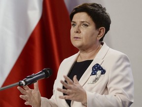 FILE - In this Nov. 14, 2017, file photo, Polish Prime Minister Beata Szydlo speaks during a press conference summarizing two years of her government, in Warsaw, Poland. Szydlo sent a tweet on Tuesday, Dec. 5, 2017 that seems to read like a farewell, amid rumors in Warsaw that she might be replaced.