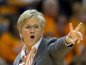 Tennessee head coach Holly Warlick calls to her team in the first half of an NCAA college basketball game against Texas, Sunday, Dec. 10, 2017, in Knoxville, Tenn.