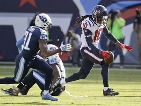 Houston Texans wide receiver DeAndre Hopkins (10) runs against Tennessee Titans free safety Kevin Byard (31) in the first half of an NFL football game Sunday, Dec. 3, 2017, in Nashville, Tenn.