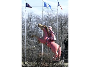 Nathan Bedford Forrest statue off I-65, south of downtown Nashville, Tenn., was vandalized, painted pink on Wednesday, Dec. 27, 2017. The statue of Forrest portrays the early Ku Klux Klan leader and former Confederate general riding a horse. The vandalism apparently occurred late Tuesday or early Wednesday morning.
