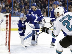 Tampa Bay Lightning goalie Andrei Vasilevskiy (88) cannot make the save on a goal by San Jose Sharks right wing Barclay Goodrow (23) during the first period of an NHL hockey game Saturday, Dec. 2, 2017, in Tampa, Fla.