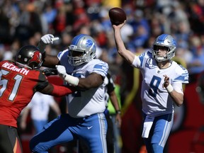 Detroit Lions quarterback Matthew Stafford (9) throws a pass against the Tampa Bay Buccaneers during the first half of an NFL football game Sunday, Dec. 10, 2017, in Tampa, Fla.