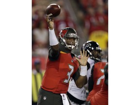 Tampa Bay Buccaneers quarterback Jameis Winston (3) throws a pass against the Atlanta Falcons during the first half of an NFL football game Monday, Dec. 18, 2017, in Tampa, Fla.
