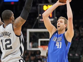 Dallas Mavericks forward Dirk Nowitzki (41) shoots against San Antonio Spurs forward LaMarcus Aldridge during the first half of an NBA basketball game, Saturday, Dec. 16, 2017, in San Antonio.