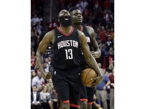 Houston Rockets' James Harden (13) reacts after being fouled by the New Orleans Pelicans during the second half of an NBA basketball game Monday, Dec. 11, 2017, in Houston.