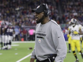 Pittsburgh Steelers coach Mike Tomlin yells on the sidelines during the second half of an NFL football game against the Houston Texans Monday, Dec. 25, 2017, in Houston.