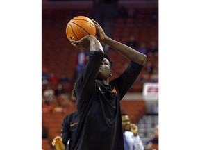 Texas center Mohamed Bamba warms up before an NCAA college basketball game against Tennessee State, Monday, Dec. 18, 2017, in Austin, Texas.