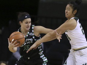 North Dakota's Fallyn Freije, left, fights off Baylor guard Natalie Chou during the first half of an NCAA college basketball game Tuesday, Dec. 5, 2017, in Waco, Texas.