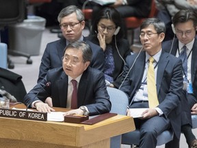 South Korean Vice Minister of Foreign Affairs Cho Hyun speaks during a high level Security Council meeting on the situation in North Korea, Friday, Dec. 15, 2017 at United Nations headquarters.