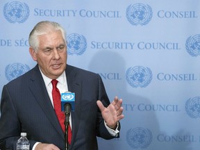 U.S. Secretary of State Rex Tillerson speaks to reporters after a high level Security Council meeting on the situation in North Korea, Friday, Dec. 15, 2017, at United Nations headquarters.