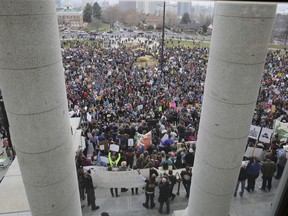 Supporters of the Bears Ears and Grand Staircase-Escalante National Monuments gather during a rally Saturday, Dec. 2, 2017, in Salt Lake City. President Donald Trump is expected to announce plans next week to shrink the two sprawling Utah national monuments by reversing actions taken by former President Barack Obama.