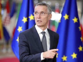 NATO Secretary General Jens Stoltenberg arrives for an EU summit at the Europa building in Brussels on Thursday, Dec. 14, 2017. European Union leaders are gathering in Brussels and are set to move Brexit talks into a new phase as pressure mounts on Prime Minister Theresa May over her plans to take Britain out of the 28-nation bloc.