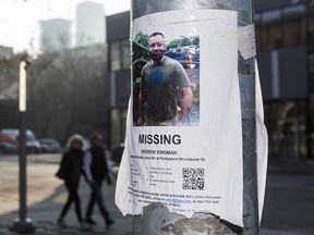 Missing person poster for Andrew Kinsman at Barbara Hall Park near Church St. and Wellesley St. E in Toronto, Ont.  on Sunday December 3, 2017.