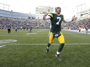 Green Bay Packers' Brett Hundley celebrates after overtime of an NFL football game against the Tampa Bay Buccaneers Sunday, Dec. 3, 2017, in Green Bay, Wis. The Packers won 26-20.
