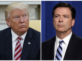 In this combination photo, President Donald Trump, left, appears in the Oval Office of the White House in Washington on May 10, 2017, and FBI Director James Comey appears at a news conference in Washington on June 30, 2014. With each tweet about the Clinton probe, Trump seems to be further undermining his administration's stated rationale for the termination of Comey. (AP Photo/Evan Vucci, left, and Susan Walsh, File)