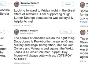 These tweets are from President Donald Trump. Trump likes to trumpet his opinions on Twitter, even when they change dramatically. He put his presidential weight behind two different candidates for the U.S. Senate from Alabama _  both lost. His view of the race evolved as circumstances changed on the ground. How the changing circumstances on the ground forced him to change his position, change that can be seen in his tweets. (The White House via Twitter via AP)