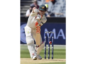 Australia's David Warner bats against England during their Ashes cricket test match in Melbourne, Australia, Tuesday, Dec. 26, 2017.