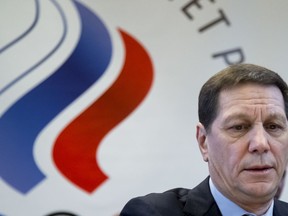 Russian Olympic Committee President Alexander Zhukov attends an Russian Olympic committee meeting in Moscow, Russia, Tuesday, Dec. 12, 2017. Russia's Olympic Committee said on Tuesday that Russian athletes are overwhelmingly in favor of competing at the 2018 Winter Games despite a ban on the national team.