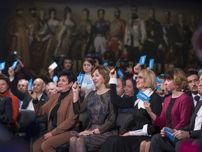 Supporters of incumbent Vladimir Putin vote to officially nominate him for presidency at a hall with a historical pano showing Russia's last Czar Nicholas II with his family, retinue and ministers in Moscow, Russia, Tuesday, Dec. 26, 2017. Putin is set to easily win a fourth term in office in the March 18 election, with his approval ratings topping 80 percent.