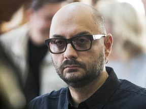 FILE - In this file photo taken on Monday, Sept. 4, 2017, Russia's theater and film director Kirill Serebrennikov waits for the start of hearings in a court in Moscow, Russia. A Moscow court  ruled  Monday Dec. 4, 2017  to keep a prominent theater and film director who is being investigate for fraud under house arrest.