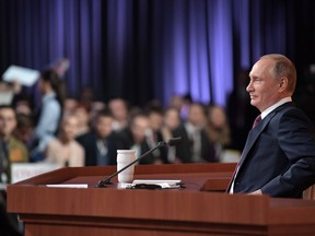 Russian President Vladimir Putin speaks during his annual news conference in Moscow, Russia, Thursday, Dec. 14, 2017.