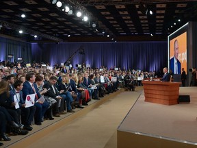 Russian President Vladimir Putin speaks during his annual news conference in Moscow, Russia, Thursday, Dec. 14, 2017.