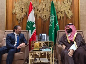 FILE - In this Monday, Oct. 30, 2017 file photo, released by Lebanon's official government photographer Dalati Nohra, Saudi Crown Prince Mohammed bin Salman, right, meets with Lebanese Prime Minister Saad Hariri in Riyadh, Saudi Arabia. Lebanon's ambassador to Saudi Arabia and his Saudi counterpart are caught in what appears to be a diplomatic tussle over representation, with each country delaying accreditation of the other's diplomat, though both were named months ago.