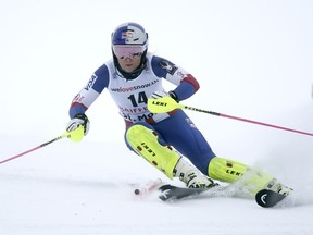 United States' Lindsey Vonn speeds down the course during the slalom portion of an alpine ski, women's World Cup combined, in St. Moritz, Switzerland, Friday, Dec. 8, 2017.