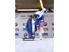 Russia's Nikita Tregubov starts his first run in the men's Skeleton World Cup race in Innsbruck, Austria, Friday, Dec. 15, 2017.