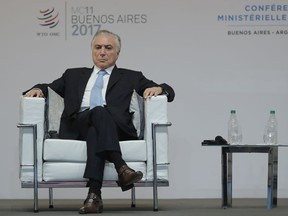 In this Dec. 10, 2017 photo, Brazil's President Michel Temer attends the opening ceremony of the World Trade Organization Ministerial Conference, in Buenos Aires, Argentina. Temer's presidential office says he successfully underwent minor surgery for a narrowing of his urethra. The procedure took place Wednesday afternoon, Dec. 13, at Sao Paulo's Sirio-Libanes Hospital. He is expected to return to Brasilia on Friday.