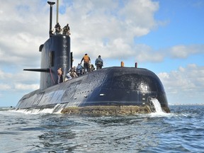 FILE - In this undated file photo provided by the Argentina Navy shows an ARA San Juan, a German-built diesel-electric vessel, near Buenos Aires, Argentina. The Navy's spokesman said Monday, Dec. 4, 2017, that U.S and Russian ships carrying remotely operated vehicles capable of deep seafloor searches are joining other vessels hunting for an Argentine submarine that went missing in the South Atlantic 19 days ago.