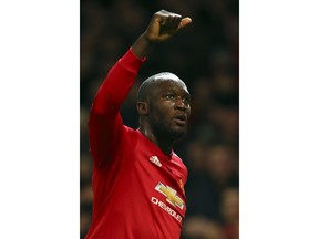 Manchester United's Romelu Lukaku celebrates after scoring his team first goal during the Champions League group A soccer match between Manchester United and CSKA Moscow in Manchester, England, Tuesday, Dec. 5, 2017.